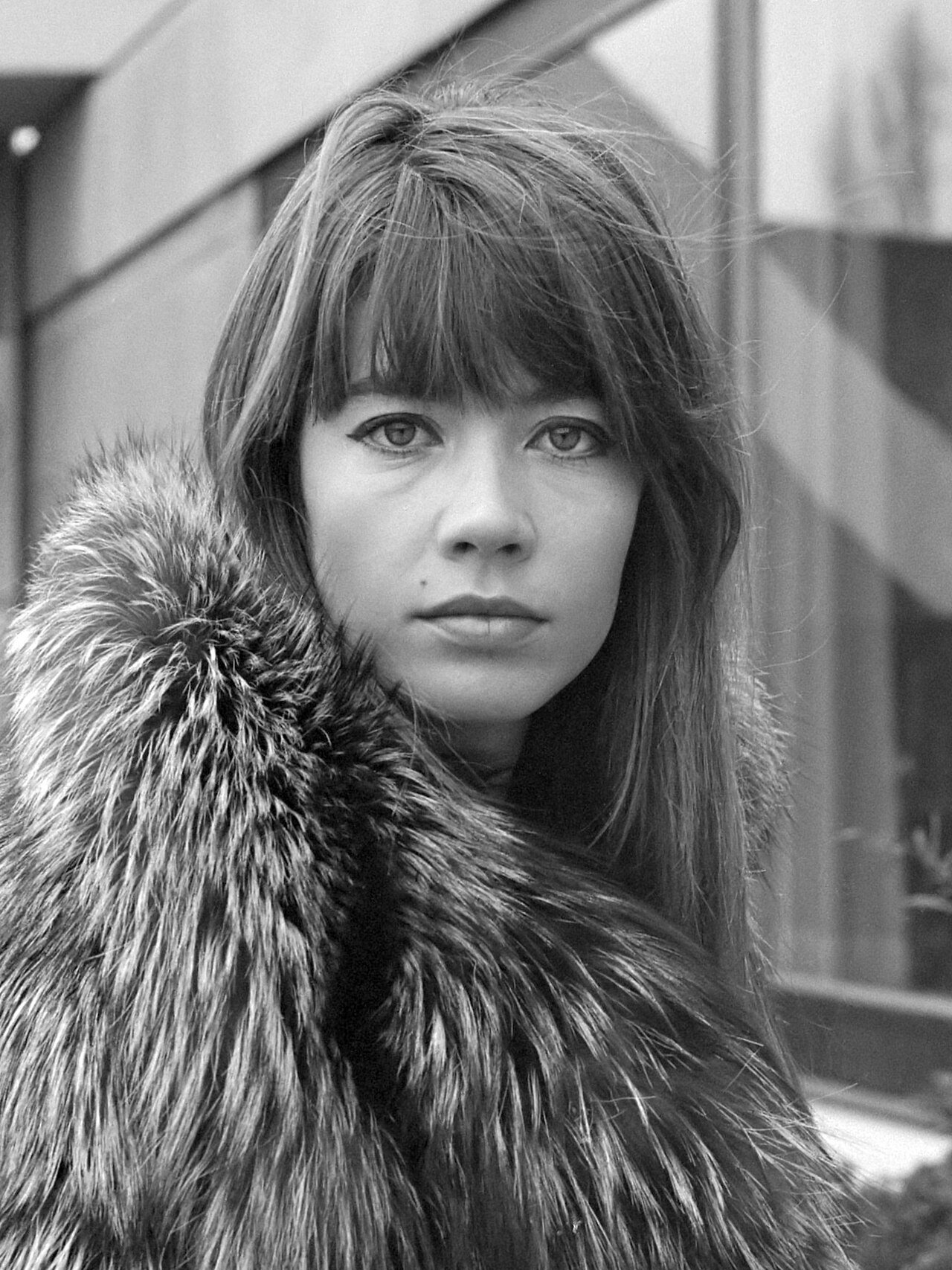 Portrait de Françoise Hardy, jeune femme aux cheveux longs et à la frange, en 1969